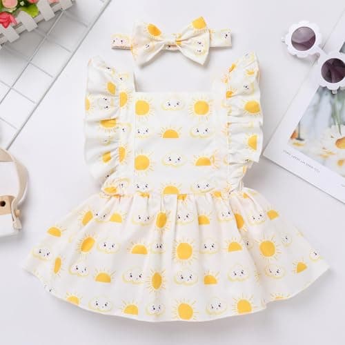 ODASDO Newborn Girl Ruffle Sleeve Romper Dress & Headband Summer Casual Set 0-24M