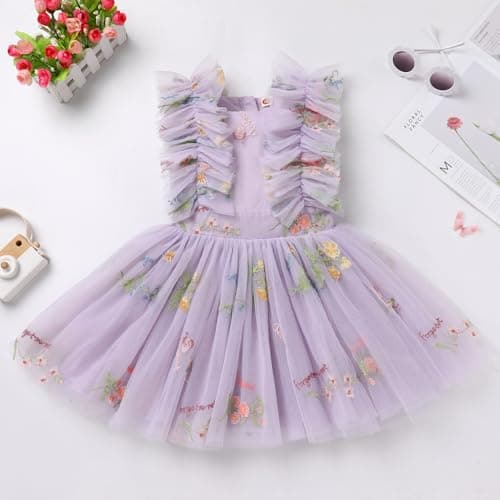 ODASDO Kids Girls Tutu Tulle Ruffle Sleeve Princess Dresses for Birthday Party Occasions