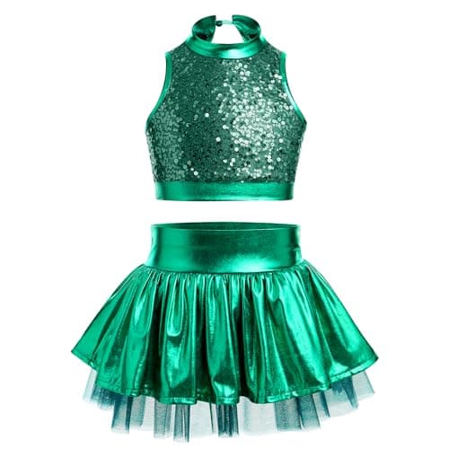 Girls Metallic Dance Costume with Shiny Sequin Tank Crop Top & Ruffle Skirt