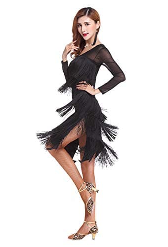 Z&X Women's Black Fringe Ballroom Dance Costume Tulle