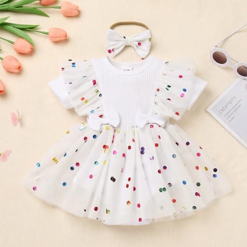 ODASDO Baby Girls 1st Birthday Tutu Romper Dress + Bow Headband