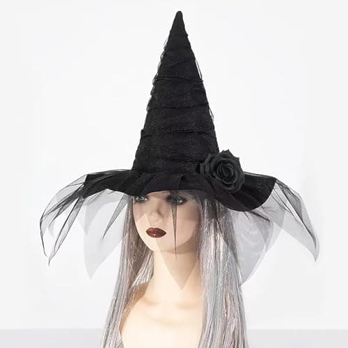 Halloween Ruched Witch Hat with Veil and Rose for Women