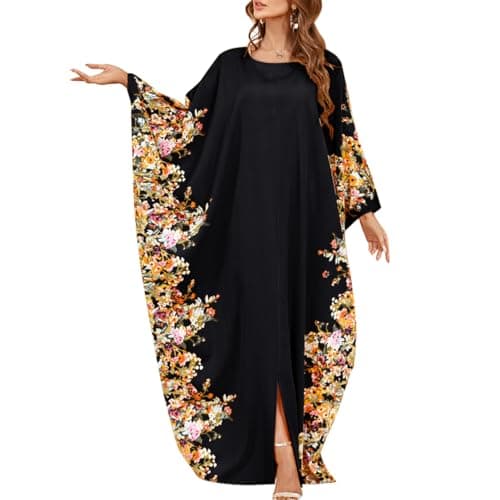 IDOPIP Women's Muslim Ramadan Dress - Long Sleeve Floral Maxi Kaftan Robe