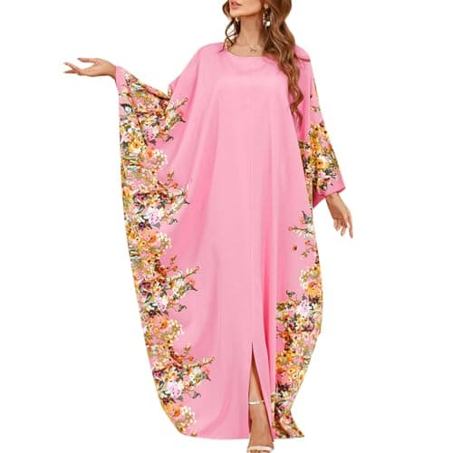 IDOPIP Women's Muslim Ramadan Dress - Long Sleeve Floral Maxi Kaftan Robe