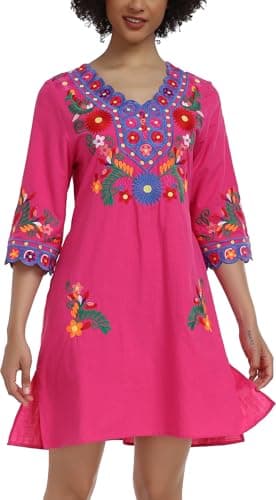 YZXDORWJ Women's Embroidered Mexican V-Neck Floral Long Sleeve Dress