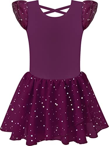 MOLLDAN Girls' Dance Leotards for Ballet, Shiny Skirt & Ruffle Sleeves