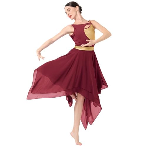 AFAVOM Women's Shiny Metallic Lyrical Dance Costume & Flowy Skirt