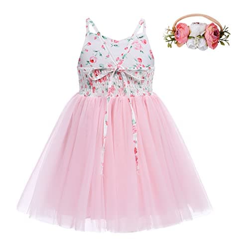 Boho Floral Backless Tulle Dress with Flower Headband for Baby Girl Toddler Kids 1st/2nd Birthday Party