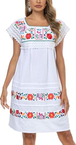 YZXDORWJ Women's Embroidered Mexican Peasant Lace Short Sleeve Dress