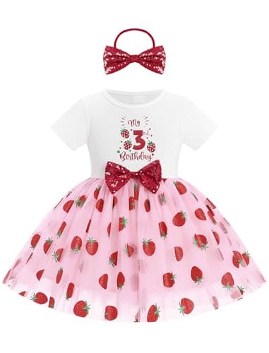 ODASDO Girls' Strawberry Birthday Tutu Dress with Bowknot Headband