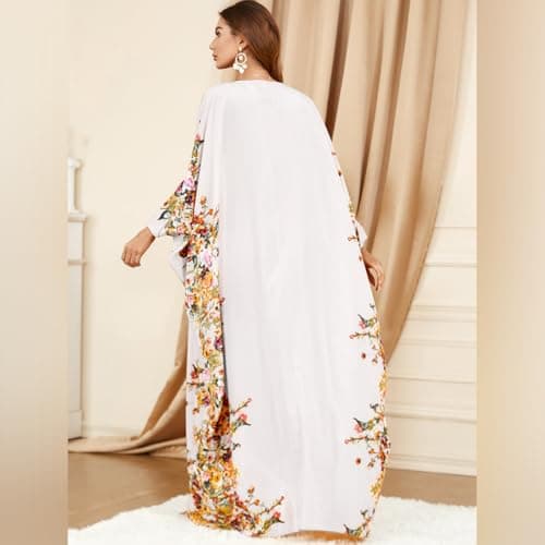 IDOPIP Women's Muslim Ramadan Dress - Long Sleeve Floral Maxi Kaftan Robe