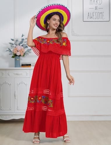 OMEWEE Women's Traditional Off-Shoulder Embroidered Maxi Dress Casually Chic Cinco de Mayo Outfit