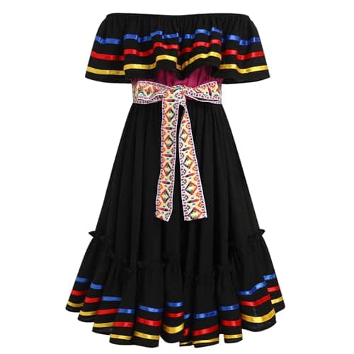 Mexican Folk Ruffle Drape Dress for Girls with Belt