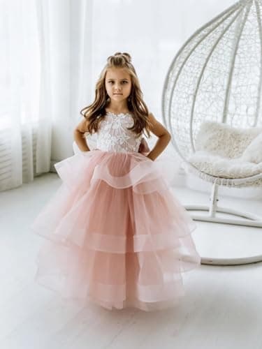 Zikusel Lace Applique Flower Girl Tiered Tulle Wedding Dress