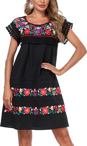 YZXDORWJ Women's Embroidered Mexican Peasant Lace Short Sleeve Dress