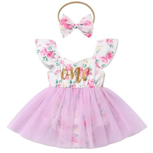 ODASDO Baby Girl 1st Birthday Floral Tulle Tutu Dress with Headband