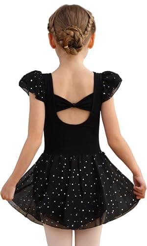 MdnMd Dance Ballet Leotard with Skirt for Toddler Girls Glitter Back Bow Ruffle Sleeve