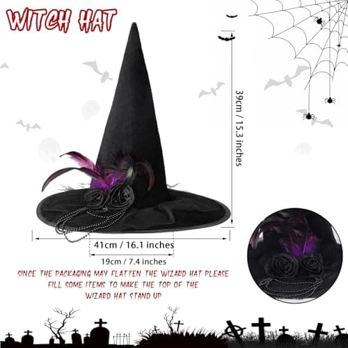 DERAYEE Black Velvet Witch Hat for Women Halloween Cosplay Party