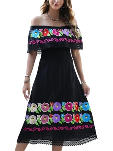 Vackutliv Mexican Embroidered Floral Off-the-Shoulder Dress