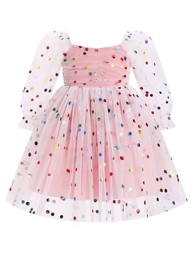 ODASDO Girls' Square Neck Mesh Long Sleeve Tutu Dress for Special Occasions