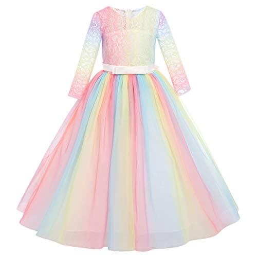 IBTOM CASTLE Girls' Flower Floral Lace 3/4 Sleeve Floor-Length Wedding Party Dress