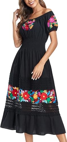 YZXDORWJ Women's Mexican Floral Embroidered Maxi Dress