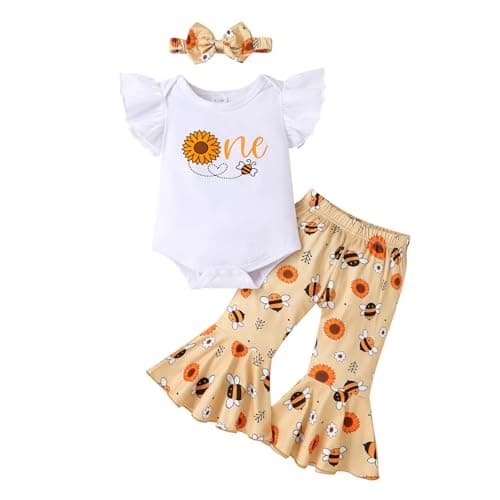 YOUNGER TREE Baby Girl 1st Birthday Outfit Romper & Flared Pants