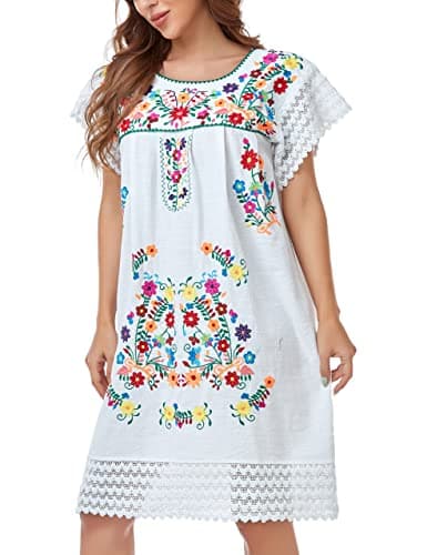 YZXDORWJ Women's Embroidered Mexican Peasant Lace Short Sleeve Dress