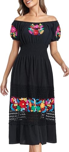 YZXDORWJ Women's Mexican Floral Embroidered Maxi Dress