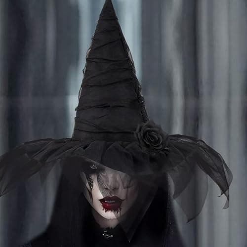 Halloween Ruched Witch Hat with Veil and Rose for Women