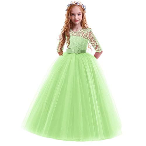 IBTOM CASTLE Girls' Flower Floral Lace 3/4 Sleeve Floor-Length Wedding Party Dress