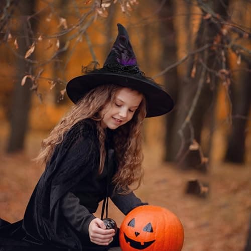 DERAYEE Black Velvet Witch Hat for Women Halloween Cosplay Party