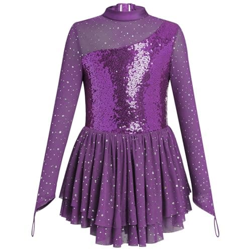 ODASDO Sparkly Sequin Long Sleeve Figure Skating Leotard for Girls