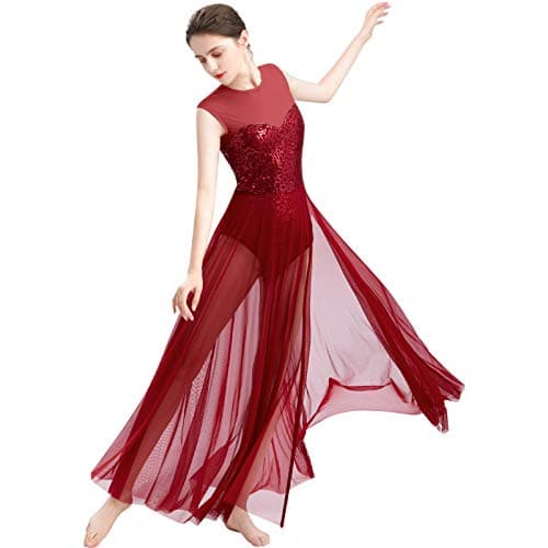 Women's Lyrical Dance Dress for Modern Contemporary Dance with Sequins Tank Leotard and Tulle Maxi Overlay