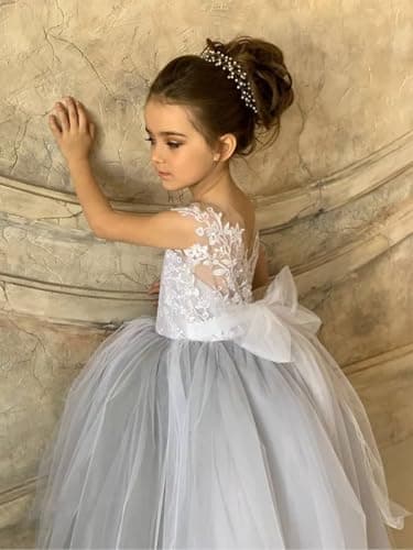 Zikusel Lace Applique Tulle Flower Girl Wedding Dress V-Back Satin Bow Knot