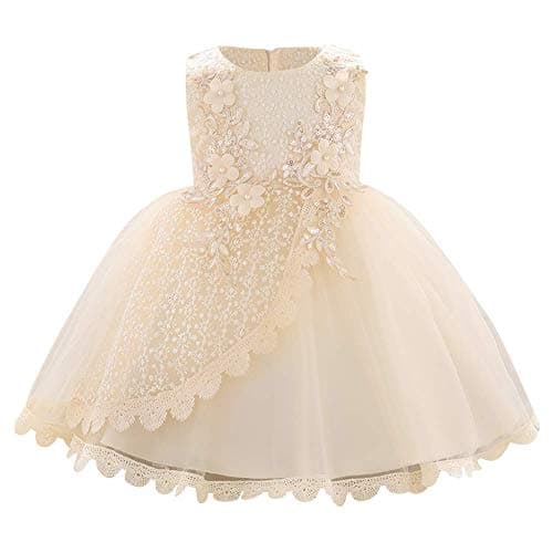 OBEEII Toddler Christening Baptism Tutu Dress with Flower Embroidery