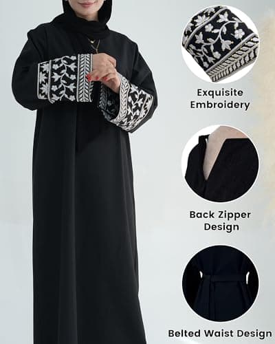 Zofocy Embroidered Long Sleeve Abaya Dress Zipper Maxi Robe for Women