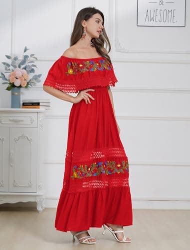 OMEWEE Women's Traditional Off-Shoulder Embroidered Maxi Dress Casually Chic Cinco de Mayo Outfit