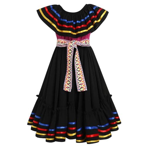 Mexican Folk Ruffle Drape Dress for Girls with Belt