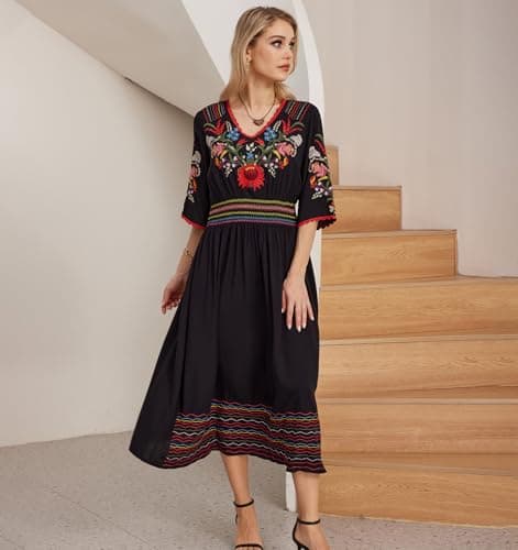 Higustar Mexican Embroidered Midi Floral Boho Dress for Women