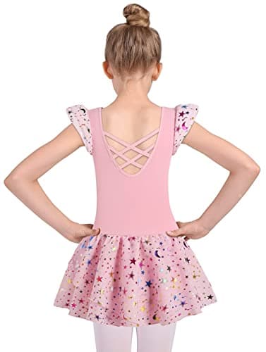 DANSHOW Shiny Ruffle Sleeve Ballet Leotard for Girls Toddler Dance Skirted Tutu Dress