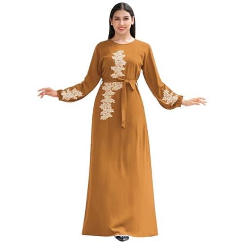 IBAKOM Floral Embroidery Abaya Dress for Women Islamic Clothing