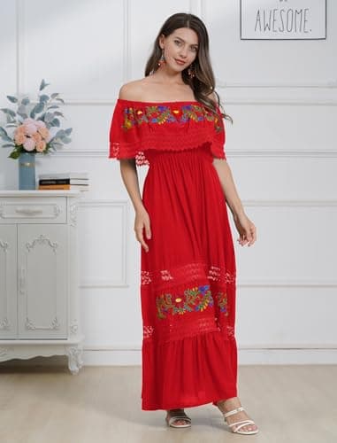 OMEWEE Women's Traditional Off-Shoulder Embroidered Maxi Dress Casually Chic Cinco de Mayo Outfit