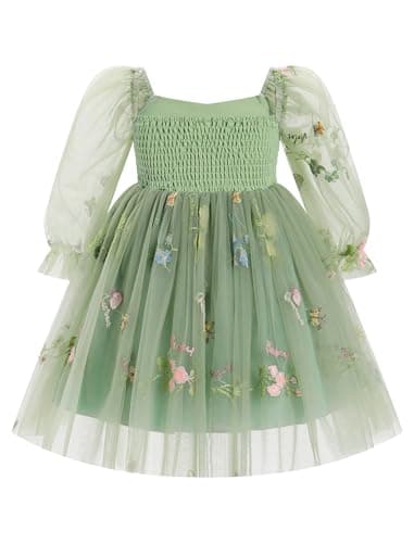 ODASDO Girls' Square Neck Mesh Long Sleeve Tutu Dress for Special Occasions
