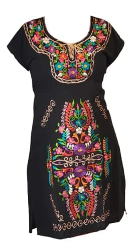 Puerta21 Authentic Mexican Embroidered Long Sleeve Dress (M, Black and Colors)
