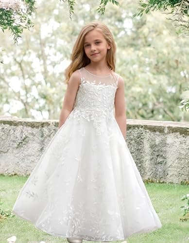 Lace Appliques Humoral Tulle First Communion Dress for Flower Girls Weddings
