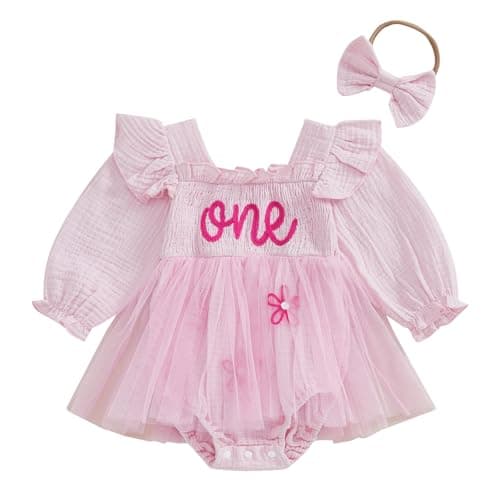 BOEBNOZCV Baby Girl 1st Birthday Ruffled Tulle Romper Long Sleeve Dress