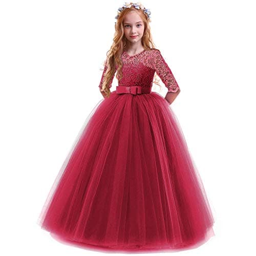 IBTOM CASTLE Girls' Flower Floral Lace 3/4 Sleeve Floor-Length Wedding Party Dress