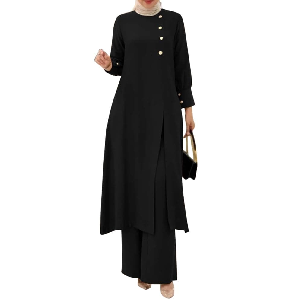 IDOPIP Women's Muslim Abaya Set with Pants - Long Sleeve Ramadan Casual Wear