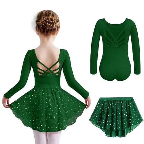 Zaclotre Long Sleeve Ballet Leotard with Crisscross Back & Shiny Skirt Combo